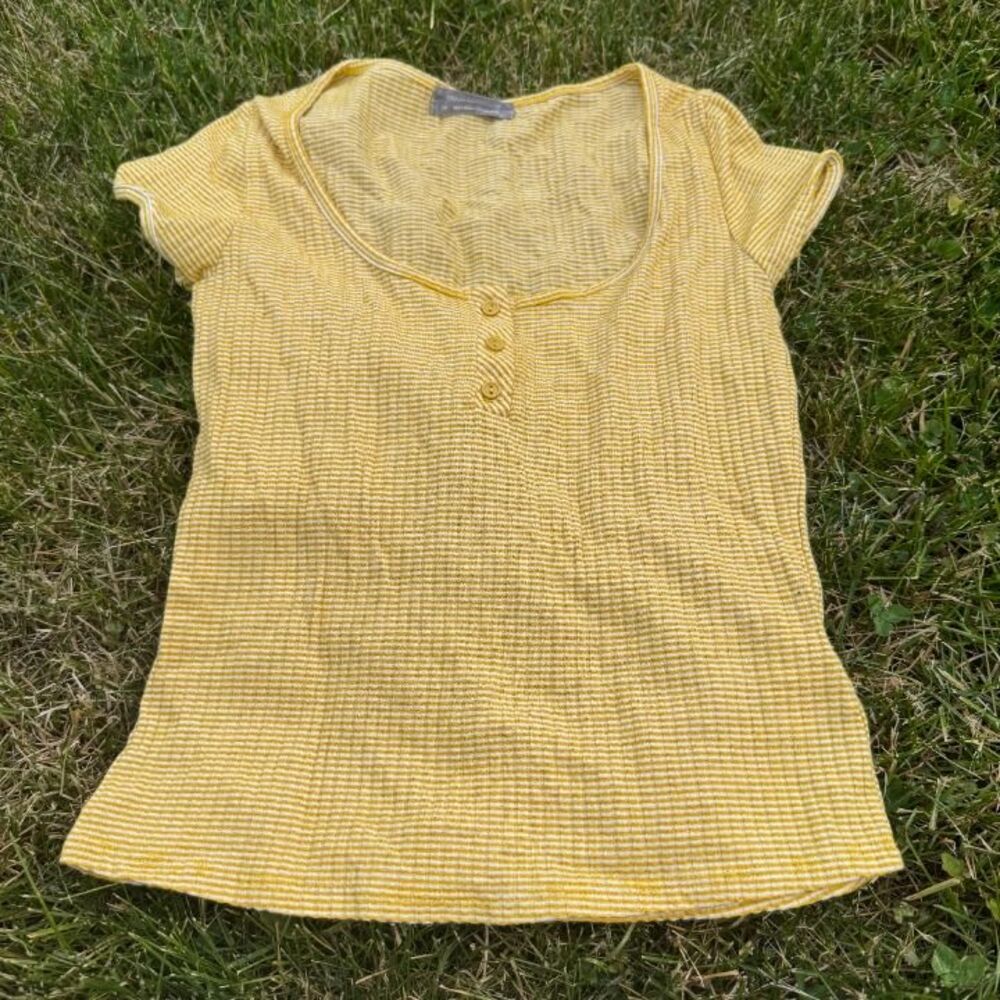 Urban Outfitters Yellow Striped Knit Button Scoop Neck Top